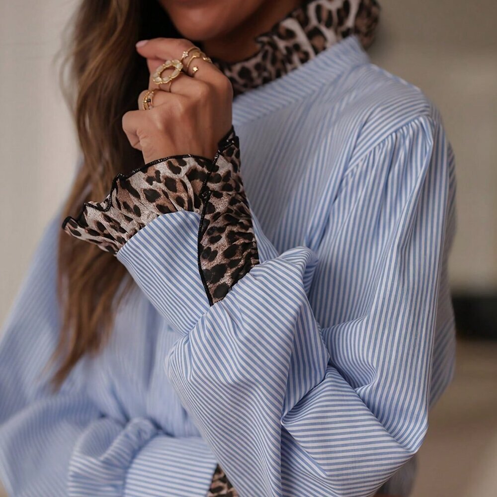 Blue Women's Striped & Leopard Print Patchwork Button Down Collared Shirt - Picture 3 of 6